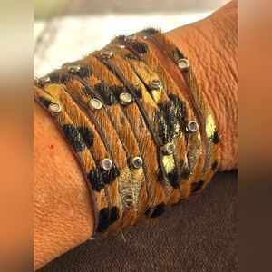 Leopard print with gold accent cow hair silver stud rhinestone bracelet